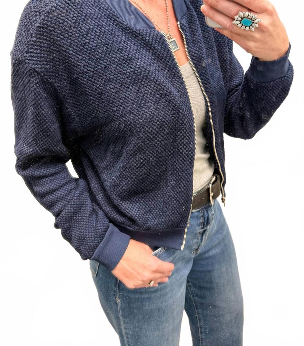 NEW LAMADE knit style zip up bomber jacket in dark night